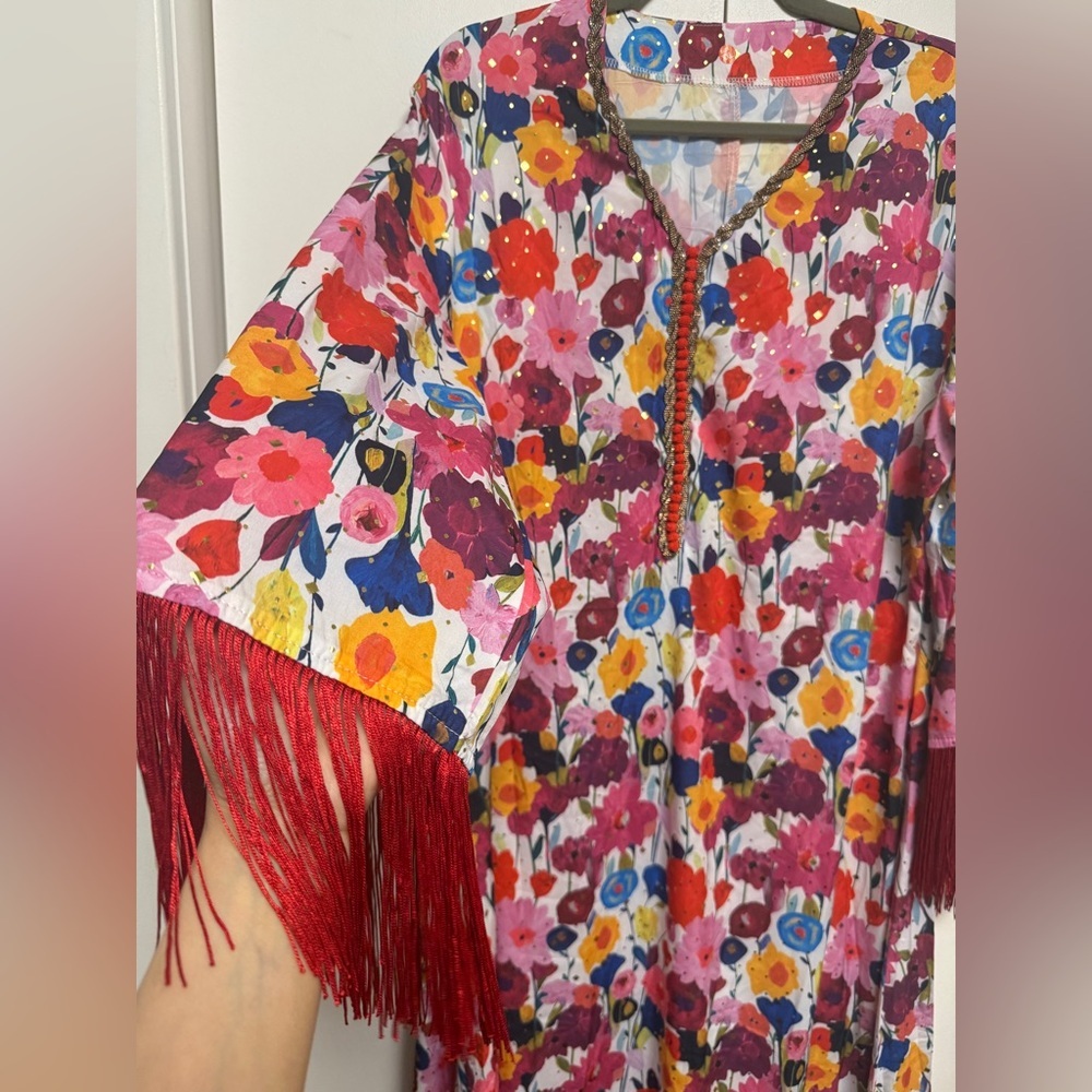 Floral Midi Dress with Fringe Sleeves - Pink Multi - Picture 4 of 8